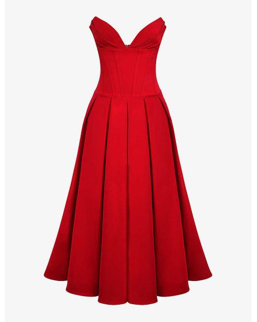 House Of Cb Red Lady Plunge-neck Stretch-cotton Midi Dress