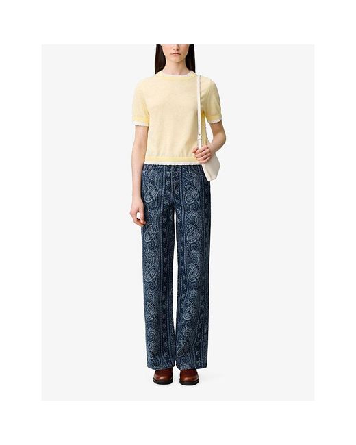 Claudie Pierlot Natural Contrast-Knit Short-Sleeve Cotton-Blend Jumper
