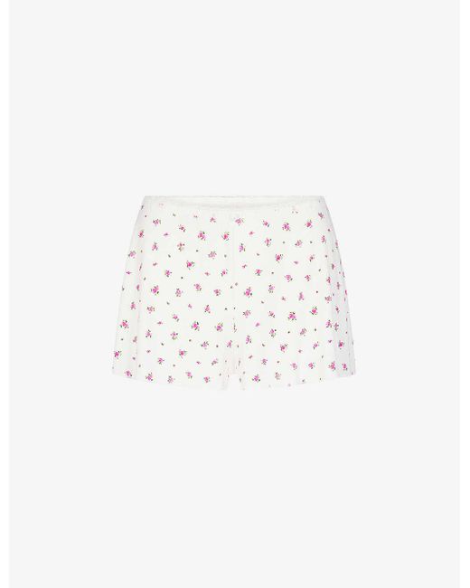 Skims White Soft Lounge Floral-print Lace-trim Stretch-woven Shorts