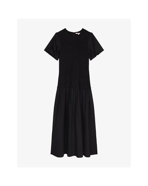 OMNES Black Aria Shirred-Bodice Cotton Midi Dress