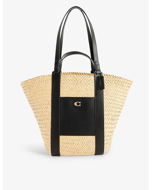 COACH Black Logo-embellished Straw And Leather Tote Bag