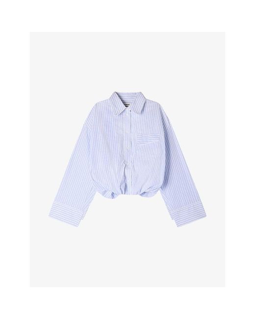 Sandro Blue Cropped Stripe-Print Cotton Shirt