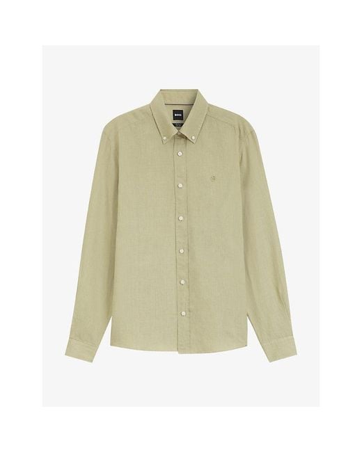 Boss Green Brand-Embroidered Long-Sleeved Linen Shirt for men