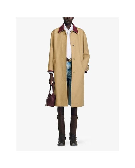 Sandro Natural Leather-Collar Side-Pocket Cotton Coat