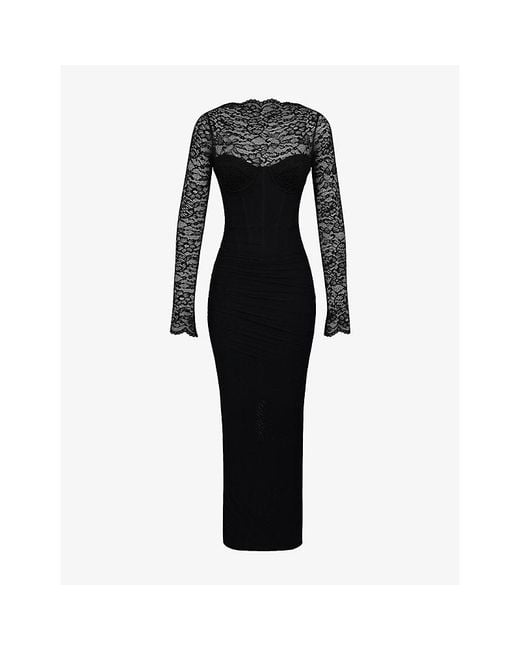 House Of Cb Black Shiloh Lace Long-Sleeve Stretch-Woven Maxi Dress
