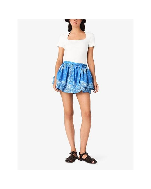 Maje Blue Bandana-Print Ruffled Cotton Mini Skirt