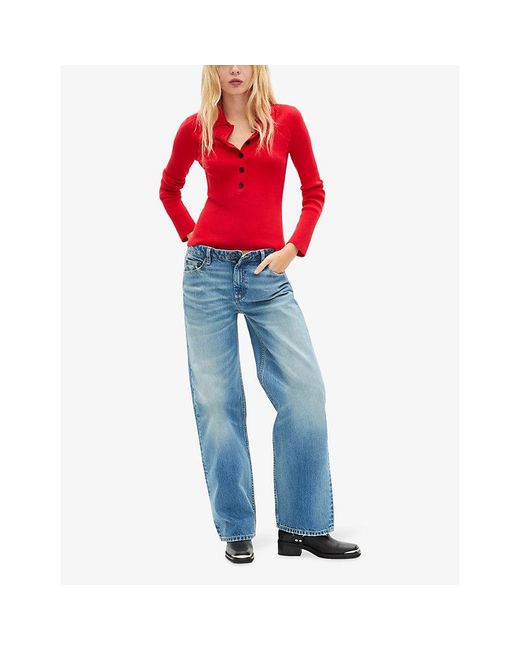 The Kooples Red Ribbed Button-Neck Knitted Jumper