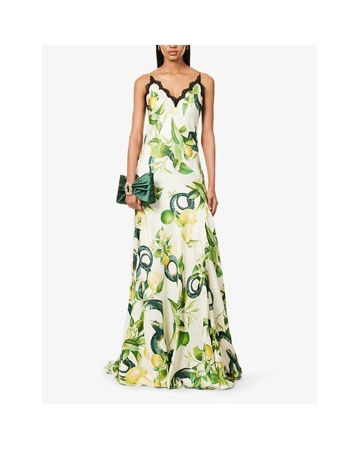 Roberto Cavalli Green V-neck Graphic-print Silk Maxi Dress