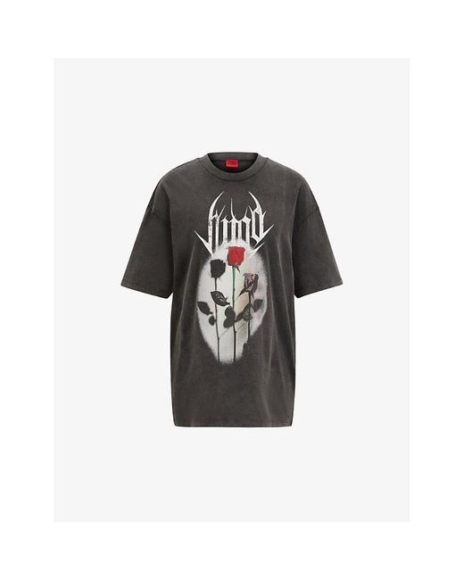 HUGO Black Graphic-print Relaxed-fit Cotton-jersey T-shirt
