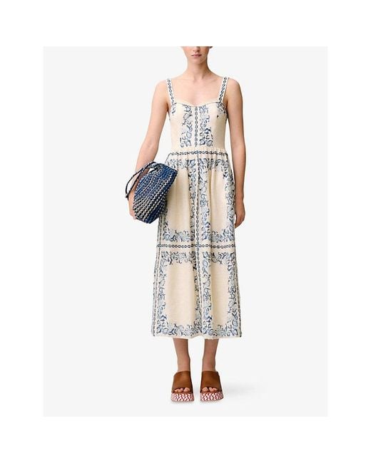 Claudie Pierlot White Sleeveless Floral-Print Linen Midi Dress