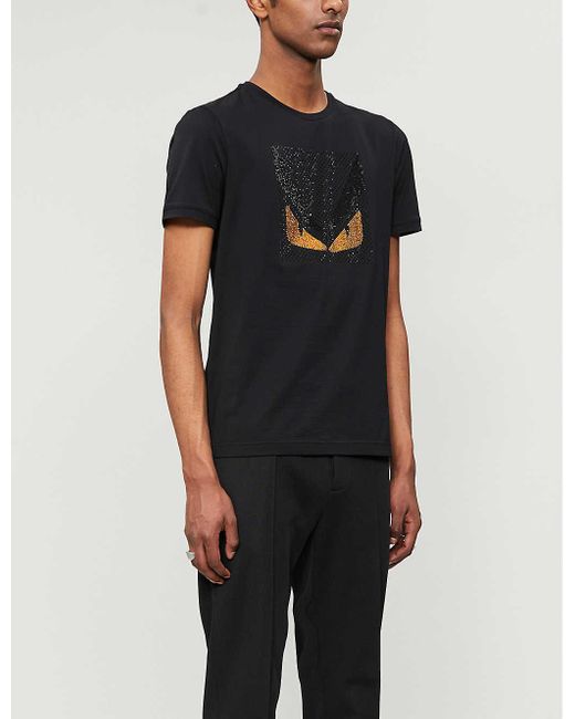 Fendi Black Monster Crystal-embellished Cotton-jersey T-shirt for men