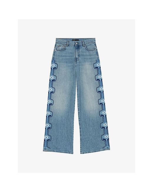 Maje Blue Floral-Embroidered Wide-Leg Denim Jeans