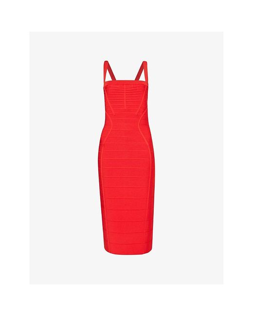 Hervé Léger Red Bandage Panelled Fitted Stretch-knit Midi Dres