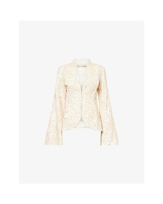 GRACE FAENA Natural Leopard Bead-Embellished Cotton Blazer