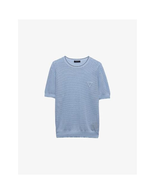 Prada Blue Triangle-Logo Mesh-Knit Cotton And Silk-Blend T-Shirt for men