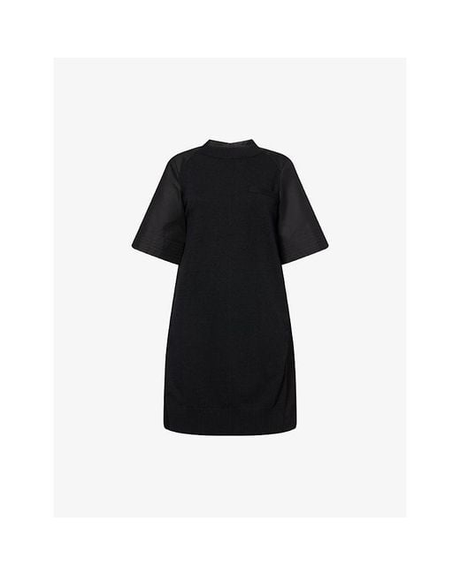 Sacai Black Short-Sleeve Panelled Knitted Cotton-Garbadine Mini Dress