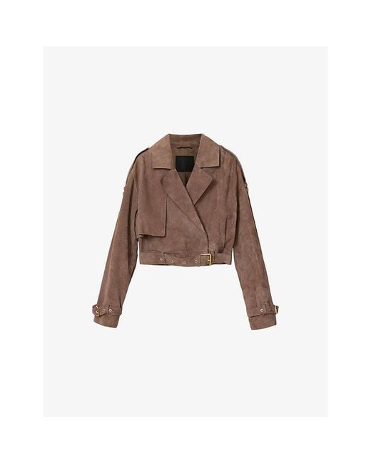 AllSaints Brown Ophelia Dropped-Shoulder Belted-Waist Suede Jacket