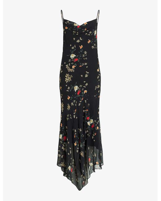 AllSaints Black Charlotte Kora Floral-print Woven Midi Dress