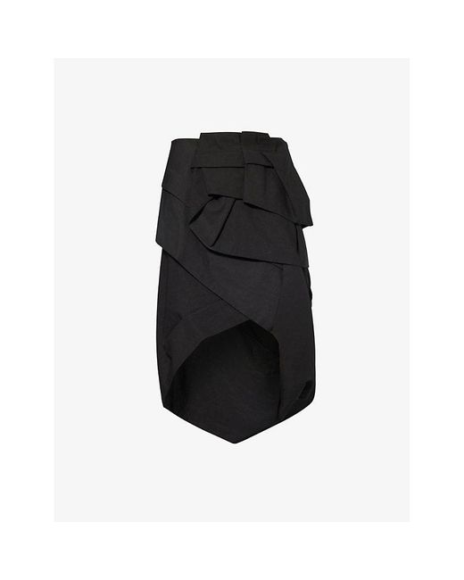 Dries Van Noten Black Draped Curved-hem Linen And Cotton-blend Midi Skirt