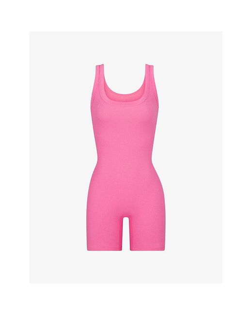 Skims Pink Ribbed Scoop-neck Stretch-cotton Playsuit