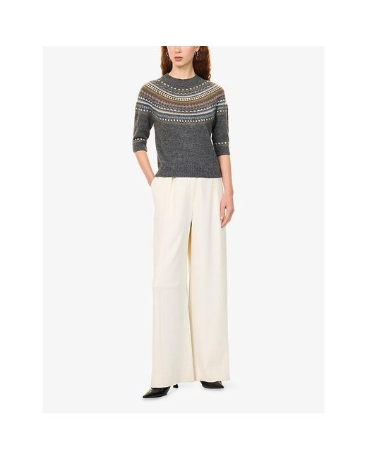 Weekend by Maxmara Gray Fair-Isle Round-Neck Wool Jumper