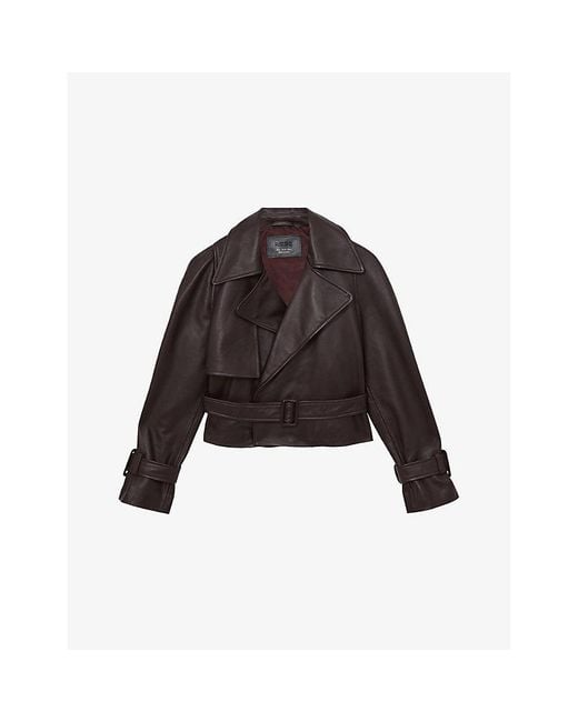 Reiss Brown Bodie Cropped Leather Jacket