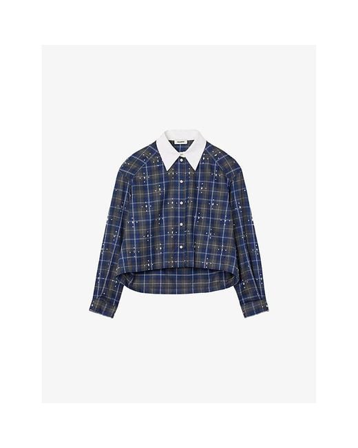 Sandro Blue Rhinestone-Embellished Relaxed-Fit Checked Cotton Shirt