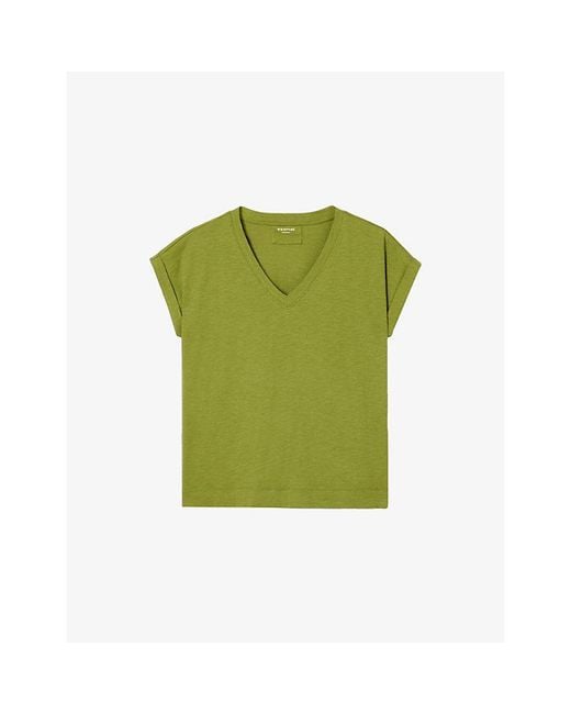Whistles Green Willa V-Neck Cotton-Jersey T-Shirt