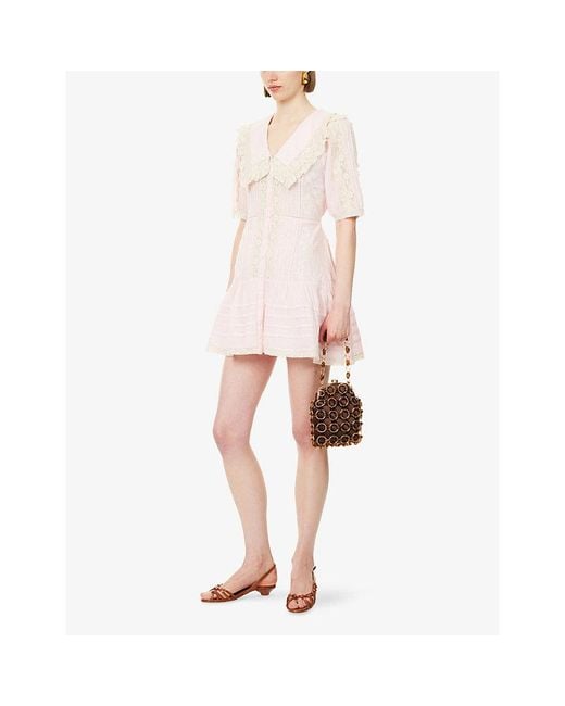 Rixo Pink Pansy Dove Embroidered Lace-Trim Cotton Mini Dress