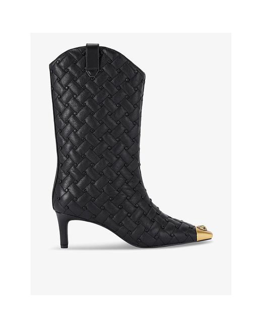 Kurt Geiger Black Regent Crystal-Embellished Heeled Quilted-Leather Calf Boots
