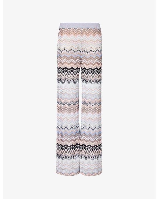 Missoni White Multi Blue Beige Tones Wide-leg Mid-rise Knitted Trousers