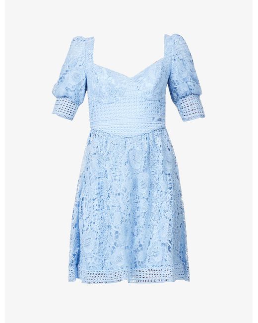 Chi Chi London Blue Floral-pattern Puff-sleeve Stretch-woven Mini Dress