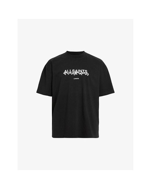 AllSaints Black Slanted-logo Oversized Organic-cotton T-shirt for men