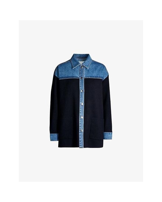 Sandro Blue Oversized Knitted And Stretch-denim Jacket