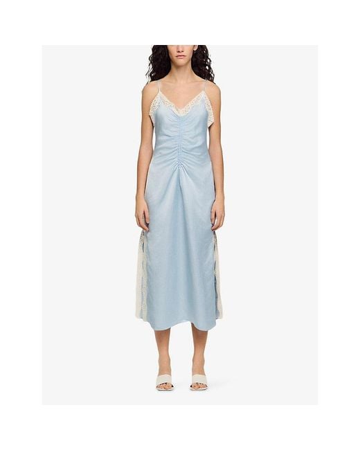 Sandro Blue V-Neck Lace-Trim Satin Midi Dress