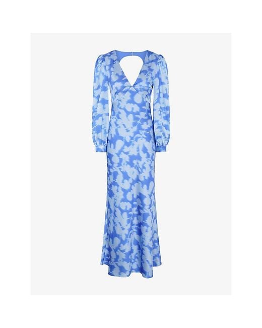 OMNES Blue Francoise V-Neck Floral-Print Satin Maxi Dress