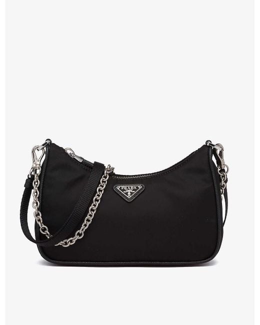 Prada Ladies Black Chain-embellished Leather And Re-nylon Shoulder Bag |  Lyst Canada