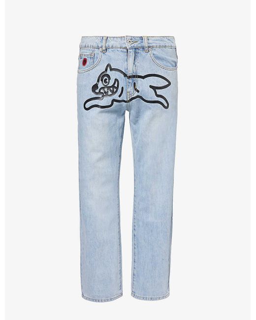 ICECREAM Blue Running Dog Graphic-print Straight-leg Regular-fit Jeans for men