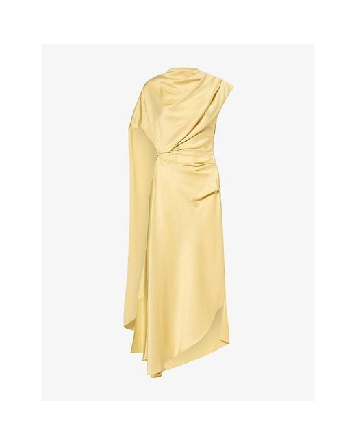 De La Vali Yellow Lunessa Draped Satin Midi Dress