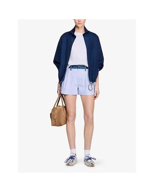 Sandro Blue Striped Denim-Trim Woven Shorts