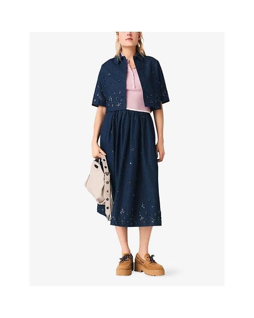 Maje Blue Bead-Embellished Cropped Denim Shirt