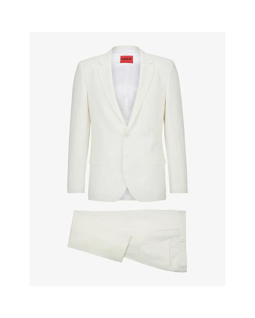 HUGO White Single-breasted Slim-fit Linen-blend Suit for men