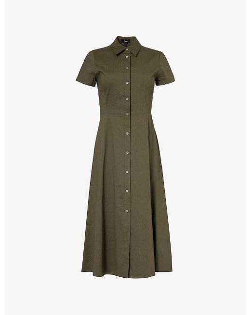 Theory Green A-line Collared Stretch Linen-blend Midi Dress