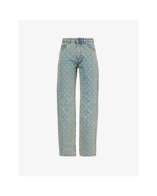 MARINE SERRE Blue Moon Laser Printed Straight-Leg Mid-Rise Denim Jeans