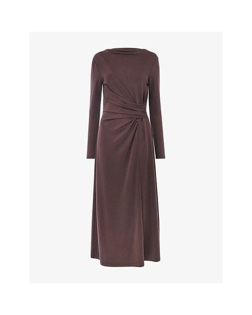 Whistles Purple Ruched Long-Sleeve Woven Midi Dress