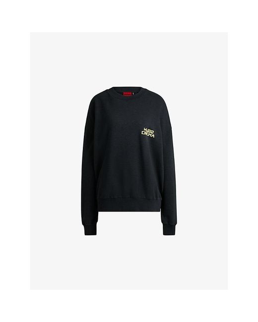 HUGO Black Branded-Print Relaxed-Fit Cotton-Jersey Sweatshirt