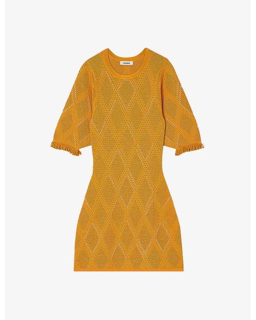 Sandro Yellow Round-neck Diamond-pattern Knitted Mini Dress
