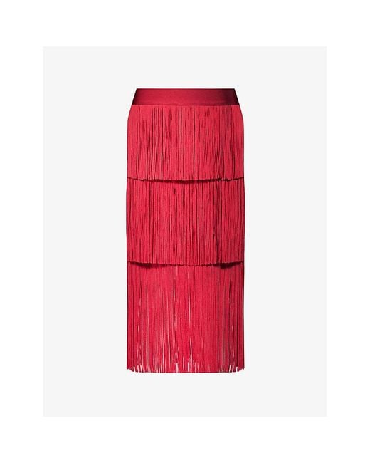Hervé Léger Red Fringed Mid-rise Recycled Rayon-blend Knitted Midi Skirt