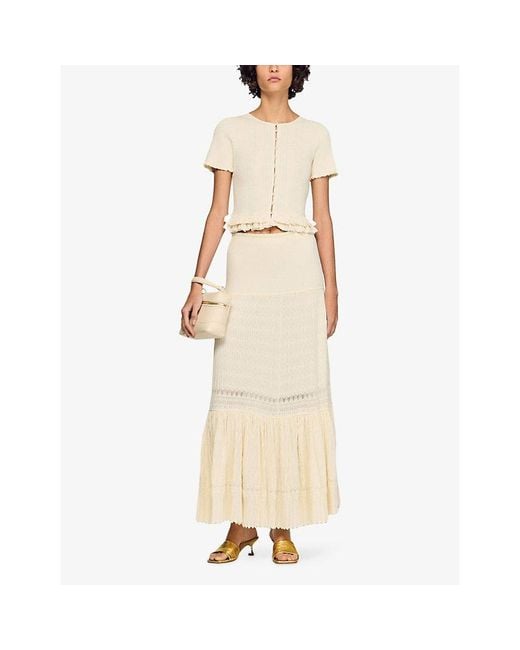 Sandro White Ruffle-Hem Knitted Maxi Skirt