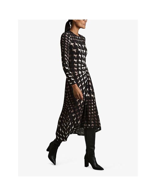 Reiss Black Halle Houndstooth-Print Ruched Jersey Midi Dress